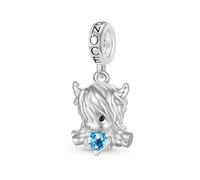 GNOCE Mucca delle Highlands Carina Amore Abbraccia Cuore Ciondolo con Pietra del Mese di Marzo Acquamarina per Donne, Bracciale Charm con Perle Placcato Oro Bianco 14K, Gioiello Regalo Animali