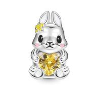 GNOCE Simpatico Coniglio Abbracci Cuore Pietra Preziosa Charm Bead Argento Sterling 925 con Smalti Giallo e Rosa Fit Bracciale/Collana per il Regalo della Festa della Mamma (Coniglio)