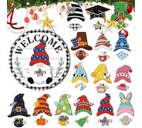 Gnome Welcome Sign - 30 x 30 x 0,5 cm Intercambiabile Wooden Gnome, Changeable Welcome Sign, Home Decor Signs & Piastre | Home Front Door Porch And Seasonal Parties Wreath Hangers For All Seasons