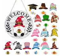 Gnomo decorativo intercambiabile in legno: 15 cappelli e accessori stagionali per la casa, 30,5 x 30,5 cm, facce magnetiche intercambiabili, cartello da giardino per decorazioni fai da te per le