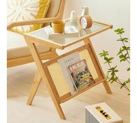 GNYVZXPLQ Tavolino Divano, Tavolino laterale a forma di Z in rattan e bambù, portariviste in vetro temperato multicolore, diverse misure(Original Color,21.65" Lx14.57 Wx22.05 H(55x37x56cm))