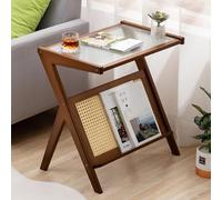 GNYVZXPLQ Tavolino Divano, Tavolino laterale a forma di Z in rattan e bambù, portariviste in vetro temperato multicolore, diverse misure(Walnut,17.72" Lx14.57 Wx22.05 H(45x37x56cm))