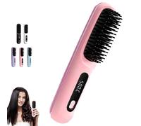 Go Brush Pro 2025 - Cordless Hair Straightener Brush & Curler 2-in-1, Portable Rechargeable Straightening Iron Comb with LED Display, 3 Temperature Settings, for Short & Long Hair (Pink)