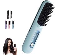 Go Brush Pro 2025 - Cordless Hair Straightener Brush & Curler 2-in-1, Portable Rechargeable Straightening Iron Comb with LED Display, 3 Temperature Settings, for Short & Long Hair (Blue)