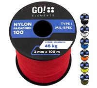 GO!elements 100m Paracord 2mm in corda di nylon antistrappo - Corda di sopravvivenza Paracord 100 Tipo I - antistrappo e caricabile fino a 45kg, Colore: Rosso