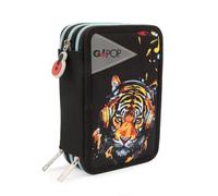 GO POP - Astuccio Triplo Scuola Tiger Beats Con 3 Zip E 3 Scomparti, Contiene 18 Matite Colorate, 18 Pennarelli e altri Pratici Oggetti per la Scuola,13 l x 19,5 h x 6,5 p