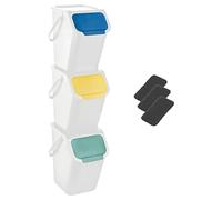 Go Practic Set di 3 bidoni e 3 filtri ai carboni biologici, impilabili, con coperchio a clic, sistema di raccolta dei rifiuti, cestino della spazzatura con coperchio, 3 colori da 25 l, bianco