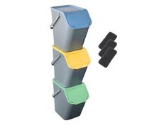 Go Practic - Set di 3 pattumiere e 3 filtri bio in fibra di carbonio, impilabili, con coperchio a scatto, set per raccolta differenziata, per cucina, 3 colori, 25 l ciascuna