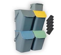Go Practic - Set di 5 pattumiere da cucina, 4 pattumiere da 25 l con coperchio, 1 piccolo contenitore per l’umido, impilabili, con funzione coperchio a scatto, grigio