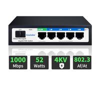Goalake Switch Poe a 4 Porte, Switch Ethernet Gestito Tramite Cloud, Switch PoE+ a 4 Porte da 52W, 802.3af/at, APP Easy Smart Managed, Rilevamento Cloud, Vlan, Riavvio Cloud, Cloud Ultra-remoto 250m