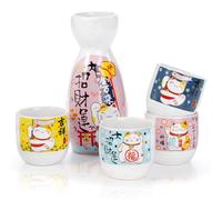 Goaste Set di 5 tazze da sake giapponesi in ceramica, resistenti, Maneki Neko, bicchieri da sake in ceramica fatti a mano, con 1 bottiglia e 4 tazze, con simpatico motivo gatto fortunato per la