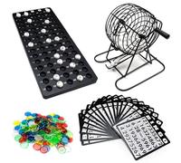 Gobesty Bingo Gioco, Tradizionale Tombola Automatica, Tombola Classica con Cartelle di Carta Bingo, Palline Bianche Numerate e Fogli di Plastica per Contrassegnare per Il Gruppo per la Famiglia