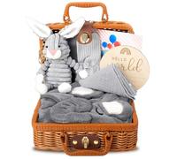 Gobesty Cesto regalo per neonati, regalo per nascita, 7 in 1, set regalo per la nascita con copertine, fazzoletto triangolare, peluche, biglietti di auguri, biglietti di nascita, calzini, scatole