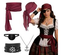 Gobesty Costume da pirata da donna, costume da pirata medievale, set di accessori per costume da pirata, con bandana, maschera per gli occhi, collana, braccialetto per Halloween, cosplay, feste