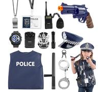Gobesty Costume da polizia per bambini, 13 pezzi accessori per costume della polizia, attrezzatura per la polizia per bambini con cappello, giacca pipa, manette, badge della polizia, giocattolo per