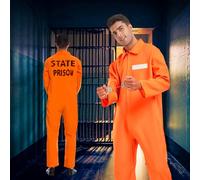 Gobesty Costume da prigioniero arancione da uomo, tuta da prigione arancione, costume da detenuto da uomo con manette, scheda informativa, numeri e tatuaggi adesivi, per Halloween, carnevale, cosplay