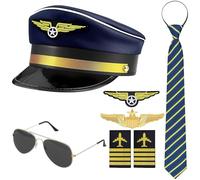 Gobesty Pilota Capitano Costume Accessori, con regolabile Cappello Cappello Pin Tie Badge Tracolla Occhiali da sole per bambini Signore Uomini Adulti Cosplay