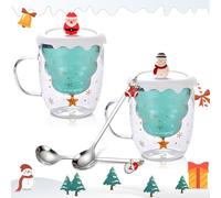 Gobesty Tazza Natalizia Personalizzate, Tazza Vetro Doppia Parete con Coperchio a Fiocco Nevee e Cucchiaio, Tazzine Natalizie da 300ml, Tazzine da Caffè, Regali di Natale per Famiglia, Bambini, Donne