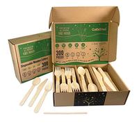GoBeTree 200 Posate Usa e Getta Legno + 100 Palettine Caffè. Pack Cucchiai Forchette Coltelli Posate Compleanno Festa Catering Buffet Eleganti Legno Naturale Agitatore