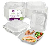 GoBeTree 50 Contenitori in Bagassa di Canna da Zucchero da 20 cm con 3 scomparti. Contenitori Biodegradabili per Cibo da Asporto - Hamburger, Riso, Pasta - Recipienti con Coperchio