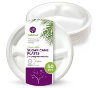 GoBeTree 50 Piatti monouso da 26 cm con 3 scomparti. Piatti in canna da zucchero, stoviglie monouso extraforti di colore bianco. Piatti rotondi.