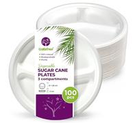 GoBeTree - 50 piatti usa e getta biodegradabili in carta di canna da zucchero, piatti usa e getta extra forti di colore bianco, Piatti rotondi con 3 scomparti da 26 cm