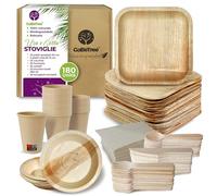 GoBeTree Stoviglie Monouso Foglia di Palma 180 Pezzi per 25 Persone. Set Completo Piatti, Bicchieri, Posate e Tovaglioli per Compleanno, Catering e Buffet - Look Simile al Bambù