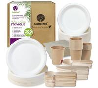 GoBeTree Stoviglie usa e getta di 200 pezzi per 25 persone. Stoviglie ecologiche fatte di canna da zucchero. Include 50 piatti, 75 posate di legno, 25 bicchieri di carta kraft e 50 tovaglioli.