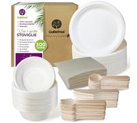 GoBeTree Stoviglie usa e getta di 300 pezzi per 50 persone. Stoviglie ecologiche fatte di canna da zucchero. Include 50 piatti, 50 ciotole, 150 posate di legno e 50 tovaglioli.