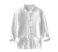 GOBIWM Camicia da uomo cinese a maniche lunghe, camicia da kung fu, camicia tradizionale cinese, camicia casual con bottoni, camicia di lino, bianco, L