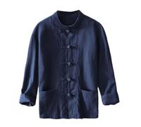 GOBIWM Camicia da uomo cinese a maniche lunghe, camicia da kung fu, camicia tradizionale cinese, camicia casual con bottoni, camicia di lino, Blu, L