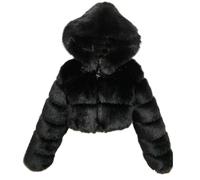 GOBIWM Cappotto da donna in pelliccia sintetica calda per autunno e inverno, con cappuccio e cerniera, giacca spessa, Nero , L