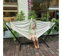 GOCAN - Amaca doppia per 2 persone, grande, 220 x 150 cm, con supporto in acciaio e asta di espansione rimovibile, capacità di carico 225 kg., in tela di cotone, per esterni e interni, beige
