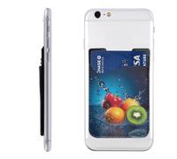 Gocce d'acqua intorno a frutta su sfondo blu stampato porta carte di telefono, portafoglio in pelle attaccato, porta carte per il retro del telefono, compatibile con la maggior parte dei telefoni