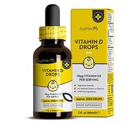 Gocce di Vitamina D 60ml per Neonati e Bambini - Sistema Immunitario Sano, Crescita Sana e Sviluppo Osseo nei Bambini - 400 UI / 10 mcg per Goccia (2000 gocce) - Senza zucchero - Nutravita