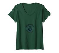 Goccia Ancora Qui per Un po 'di Spiaggia Nautica Maglietta con Collo a V, Donna, Verde Foresta, L