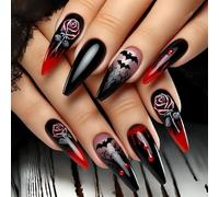 Goccia di sangue gotico unghie artificiali con teschio e rosa motivi lunga durata Halloween Manicure Set 24pcs Halloween Nail Red Rose Bat Blood Drip Design
