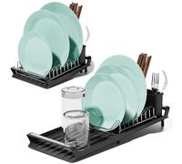Gocciolatoio Lavello Acciaio Inox Cucina, Scolapiatti Lavandino Piccolo, Scolaposate Estensibile Compatto 27-49cm, Appoggio Ciotola Nero con Cestino Posate Rimovibile e Vassoio Raccogligocce Inclinato