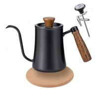 Gocoffun Bollitore da caffè con beccuccio a collo d'oca da 550 ml, con termometro, manico in legno anti-caldo, bollitore in acciaio inox con beccuccio lungo e stretto, bollitore antigoccia (nero)