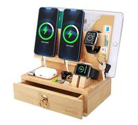 Gocokia Supporto multifunzionale in bambù, doppio supporto per telefono cellulare, supporto per tablet, gancio per riporre orologi, supporto per telefono cellulare in bambù con cassetto