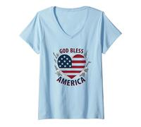 God Bless America - Bandiera patriottica a Forma di Cuore Maglietta con Collo a V, Donna, Celeste, L