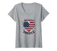 God Bless America - Bandiera patriottica a Forma di Cuore Maglietta con Collo a V, Donna, Grigio Melange, M