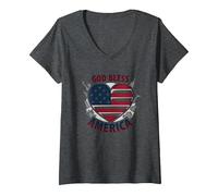 God Bless America - Bandiera patriottica a Forma di Cuore Maglietta con Collo a V, Donna, Grigio Scuro, L