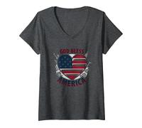God Bless America - Bandiera patriottica a Forma di Cuore Maglietta con Collo a V, Donna, Grigio Scuro, XXL