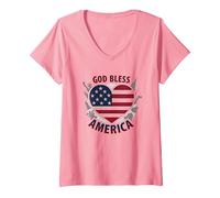God Bless America - Bandiera patriottica a Forma di Cuore Maglietta con Collo a V, Donna, Rosa, M