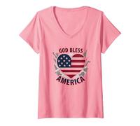 God Bless America - Bandiera patriottica a Forma di Cuore Maglietta con Collo a V, Donna, Rosa, XXL