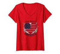 God Bless America - Bandiera patriottica a Forma di Cuore Maglietta con Collo a V, Donna, Rosso, S