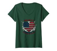 God Bless America - Bandiera patriottica a Forma di Cuore Maglietta con Collo a V, Donna, Verde Foresta, S