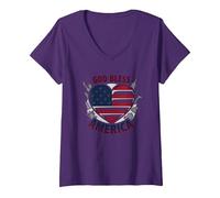 God Bless America - Bandiera patriottica a Forma di Cuore Maglietta con Collo a V, Donna, Viola, M