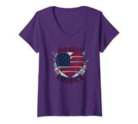 God Bless America - Bandiera patriottica a Forma di Cuore Maglietta con Collo a V, Donna, Viola, XXL